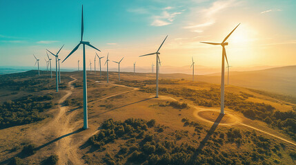Wind turbines at sunset. Clean energy.