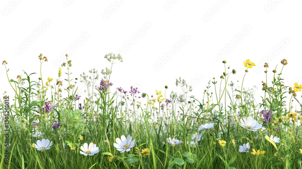 Poster realistic 3d rendering showcasing vibrant wildflowers and lush grass, beautifully isolated on a tran