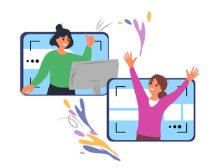 Video conference call landing page or banner. Woman on computer talking with colleague. Happy for their success. Video Conferencing, online meeting workspace or platform and freelance vector concept.