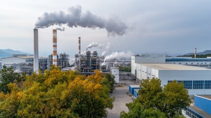 Obraz premium Industrial power plant emitting smoke with trees in foreground
