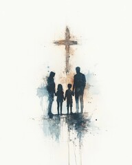 Watercolor depiction of a family before the Cross, a symbol of hope and unity.  © Faith Stock