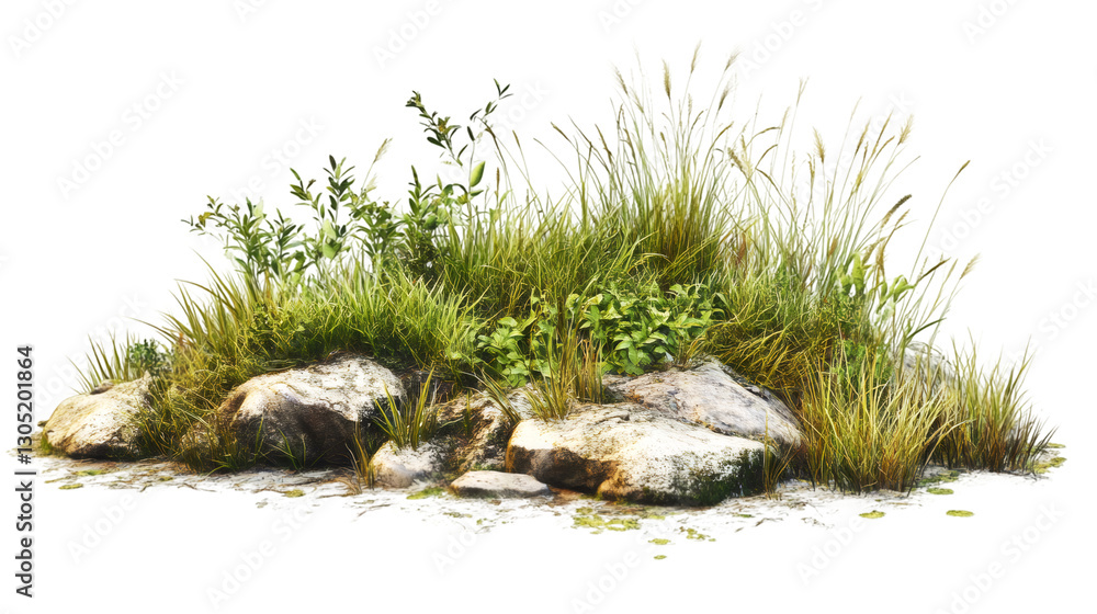 Poster wild grass and plants growing on rocks, isolated on transparent background, perfect for photo editin