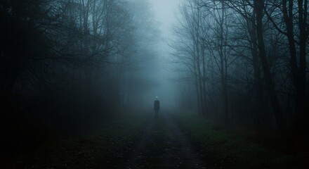 Single person walking on dark forest path in dense mysterious fog. Horror and thriller concept. Moody scary landscape in lonely woodland at night. Cinematic nature scene