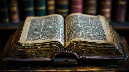 Obraz premium Aged book open on wooden stand in library