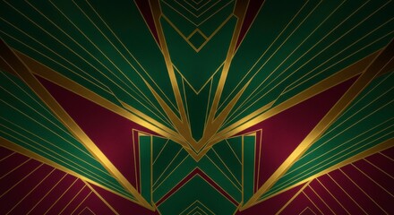 Art Deco Pattern: A vibrant Art Deco pattern showcasing geometric shapes and luxurious gold accents over a deep emerald and crimson background. Evokes a sense of timeless elegance and sophistication.