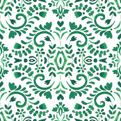 Abstract green and white damask hand drawn tile seamless ornamental watercolor paint pattern. Elegant luxury floral texture.