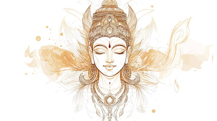 A digital illustration depicts a stylized portrait of a serene deity. The artwork is primarily in shades of gold and brown, with a watercolor-like texture. The deity is centrally positioned with