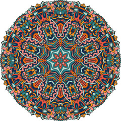 Abstract festive mandala floral design boho ornament folk art style. Round mandala with doodle graphic psychedelic ornament.