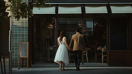 Obraz premium Romantic couple walking hand in hand at night in the city exploring the streets and shops of a charming cafe lined neighborhood They are embracing and enjoying a leisurely date immersed in the cozy