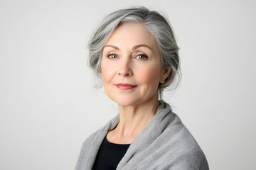 Obraz premium Happy Mature woman portrait with short grey hair isolated on white background