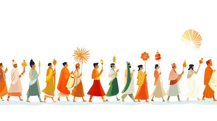 Fototapeta premium A digital illustration depicting a horizontal procession of diverse individuals carrying lights and lanterns. The style is flat, vector-based, with simplified figures and muted warm color tones