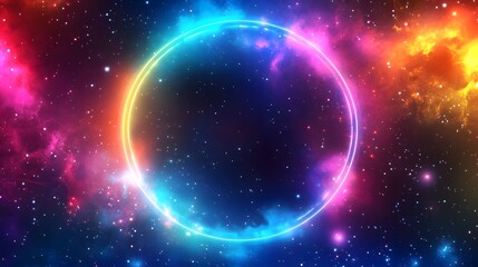A vibrant glowing circle in a colorful starry cosmos background