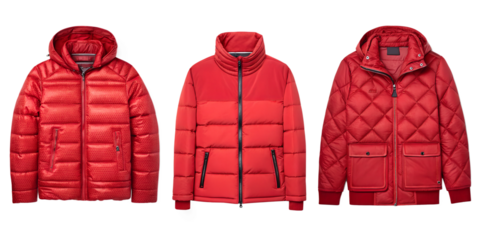 Three Varieties of Red Puffer Jacket on White, Insulated and Chic Outerwear for Cold Days, PNG Transparent