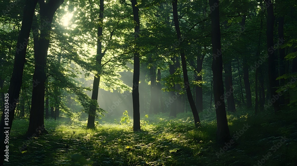 Poster enchanting forest path with sunlight filtering through lush greenery creating a serene and tranquil 