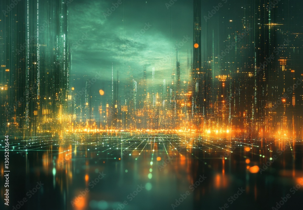 Aufkleber futuristic cityscape illuminated by soft orange and green lights, showcasing a vibrant skyline with 