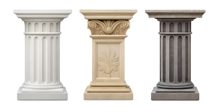 Three Different Styles of Stone Podium for Display Product on White, Elegant and Stable Display Stand, PNG Transparent