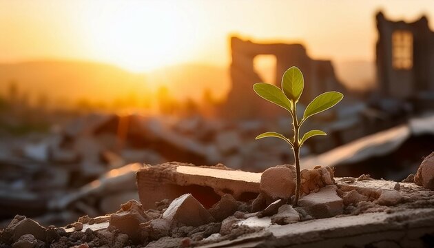 a small plant growing amid ruins in a war torn zone symbolizing hope peace and resilience against chaos sunrise in the background with caption space on the side in a soft bright light tone
