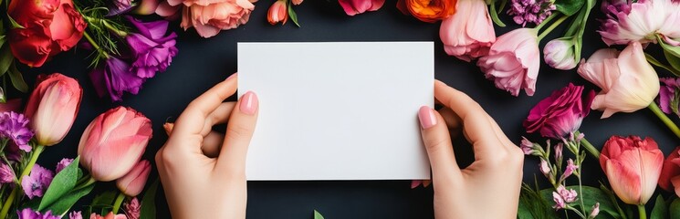 Floral Message: Close-up of hands delicately holding a blank card, surrounded by a vibrant array of colorful flowers.