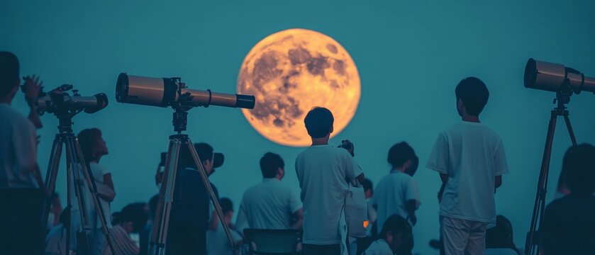 A group of people stargaze through telescopes under a giant full moon in the evening sky, creating a mesmerizing celestial scene.