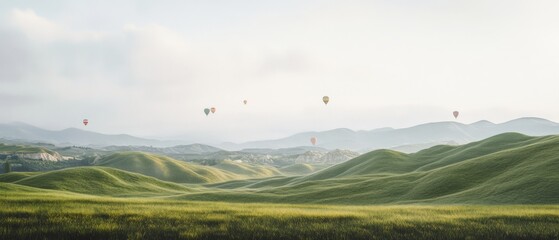 A serene landscape dotted with colorful hot air balloons drifting over lush green hills under a clear sky, capturing freedom and adventure.