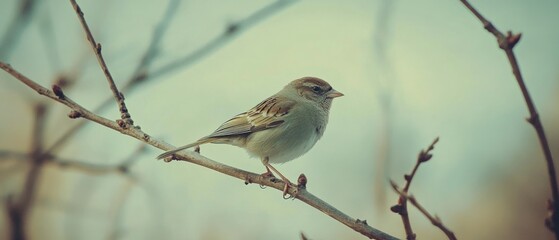 Fototapeta premium A small bird perches delicately on a bare branch with a soft-focus background, capturing the fleeting beauty and simplicity of nature’s moments.