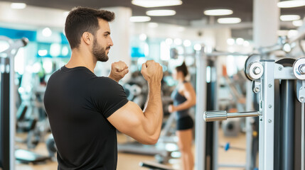 Young caucasian male exercising in gym with fitness equipment focus