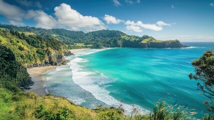 Fototapeta premium A picturesque cliffside beach with turquoise waters