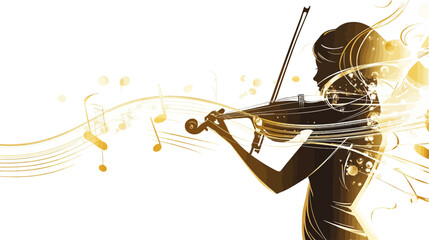 Fototapeta premium The image is a stylized illustration or graphic design depicting a female silhouette playing a violin. The silhouette is rendered in shades of gold and brown, with a soft, flowing effect. Musical