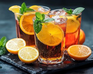 Iced drinks with fruit on dark surface background