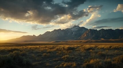 Obraz premium Majestic mountain landscape with towering peaks silhouetted against a dramatic sky at sunset in a remote untamed wilderness The serene epic scene invokes a sense of and solitude