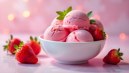 Strawberry ice cream scoops with fresh strawberries and mint leaves in a white bowl, isolated on transparent background. Generative Ai.