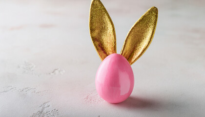 Pink Easter egg with luxurious golden bunny ears. Happy holiday. Spring season.