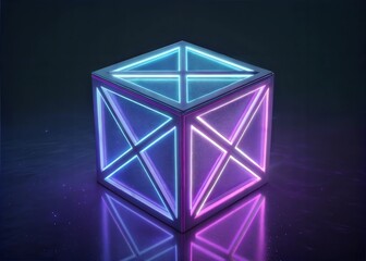 Futuristic Neon Cube with Reflective Surface.