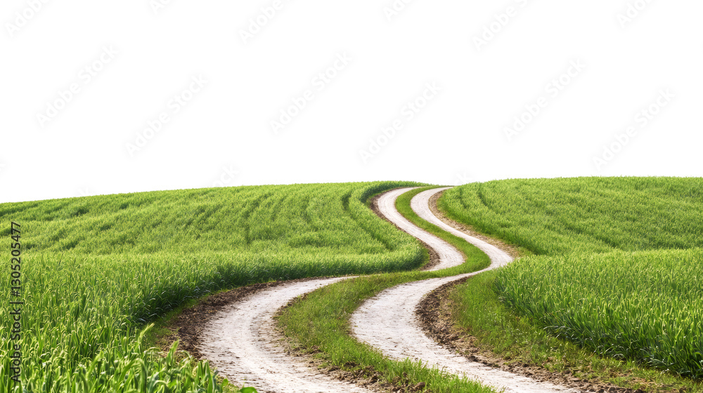 Poster winding dirt road traversing verdant meadow against transparent backdrop, offering seamless design i