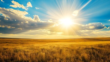 Fototapeta premium Breathtaking sunset over vast golden countryside landscape with lush rolling hills serene meadows and bright vibrant sky Tranquil and picturesque rural scene in warm natural light