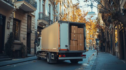 A delivery truck loaded with packages, ready to bring Black Friday deals directly to doorsteps across the city.