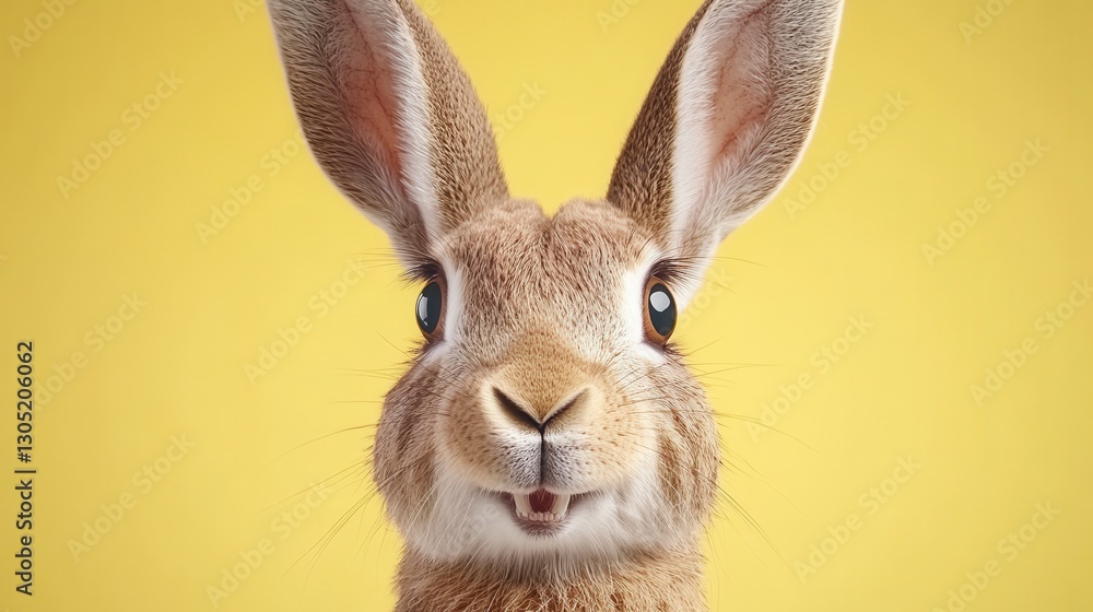 Poster close up portrait of a brown rabbit with large ears against a yellow background. the rabbit's expres