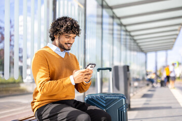 A young businessman with curly hair using his mobile phone while waiting at the bus station with...