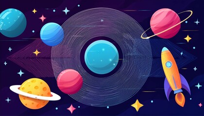 illustration abstract space background with geometric planets rockets and stars futuristic cosmic design with dynamic paths and vibrant colors design for web banner social media template