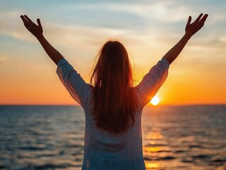 Joyful woman embracing sunset seaside inspirational image relaxing atmosphere back view freedom concept