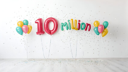 Bright and colorful "10 Million" balloon-style text floating against a crisp white background, creating a fun celebratory look.