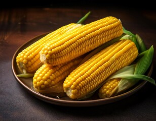 cobs of boiled corn in a plate close up