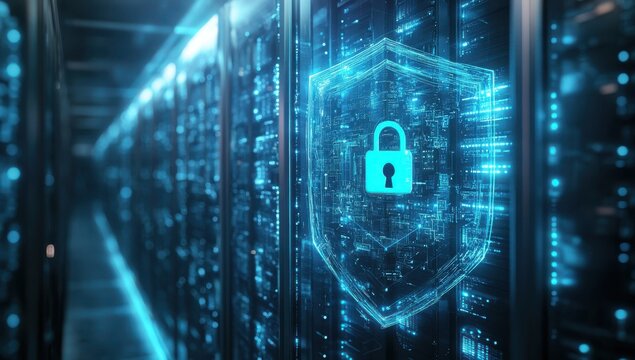 Futuristic Data Center with Digital Shield and Lock Symbol Representing Cybersecurity and Data Protection in Technology Environment