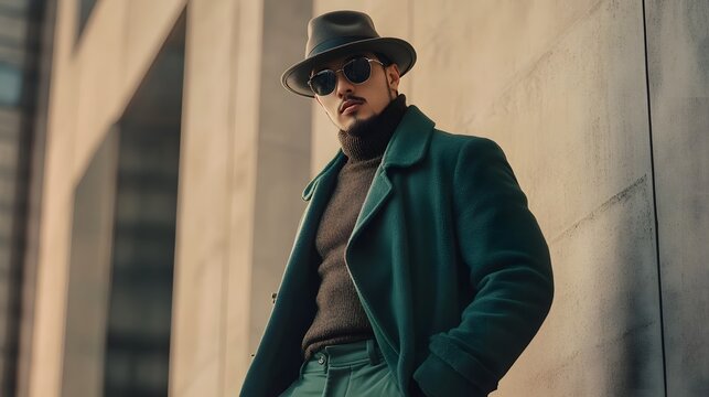 Stylish and confident young man in green coat and fedora hat standing against a city wall with a moody urban atmosphere  He has a mysterious