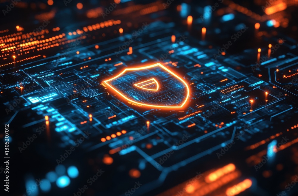 Poster futuristic data security concept with shield icon in neon colors over digital circuitry background f