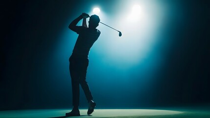 Silhouetted male golfer in dramatic backlit pose swinging golf club  Dynamic action shot of athlete playing sport in moody dark outdoor setting with high contrast lighting