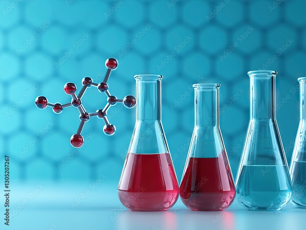 Poster chemical reaction experiment with molecular model laboratory science image abstract environment clos