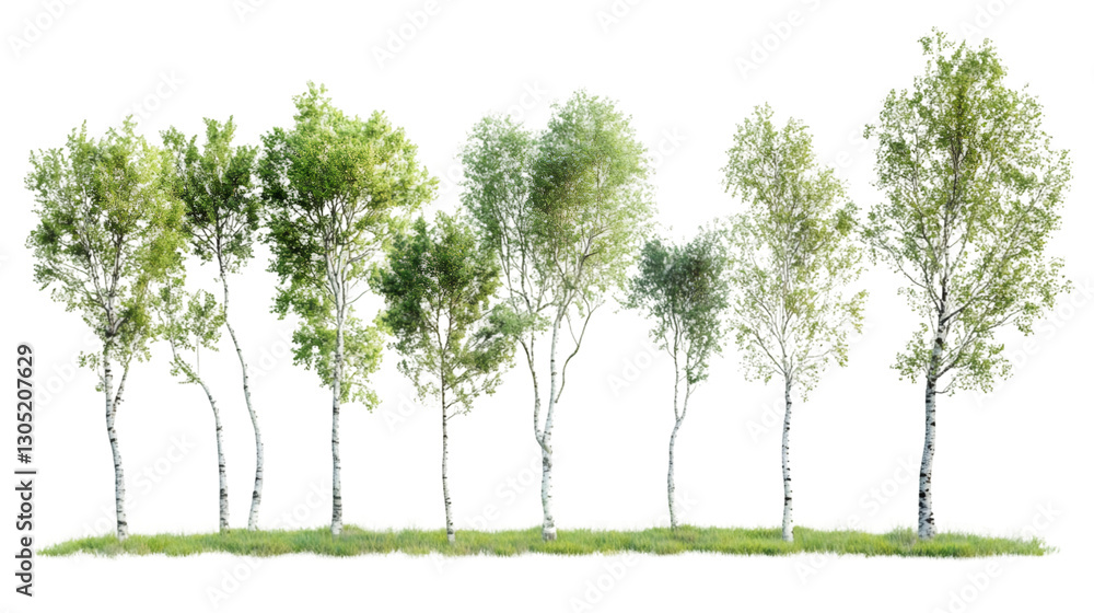 Poster row of photorealistic birch trees with lush green leaves on a transparent background, ideal for arch