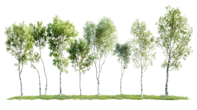 Row of photorealistic birch trees with lush green leaves on a transparent background, ideal for architectural visualization