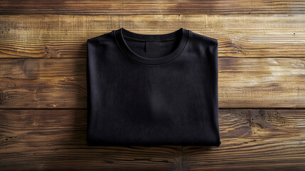 Black t shirt mockup on rustic wood for design showcase. Generative AI